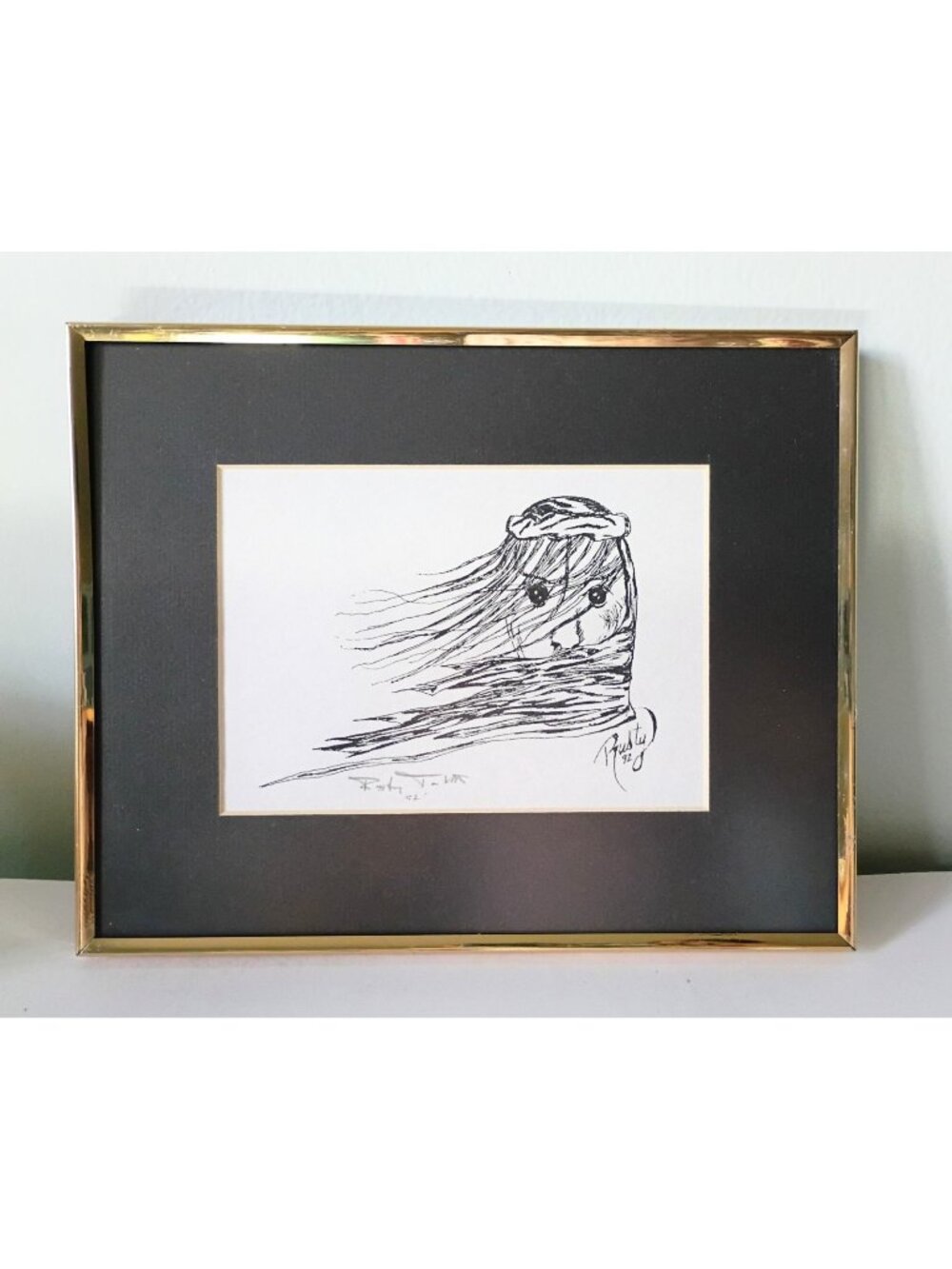 Vintage '92 Framed Hippie Ink Sketch Art Print Real Signature Rusty T Jesus 8x10
